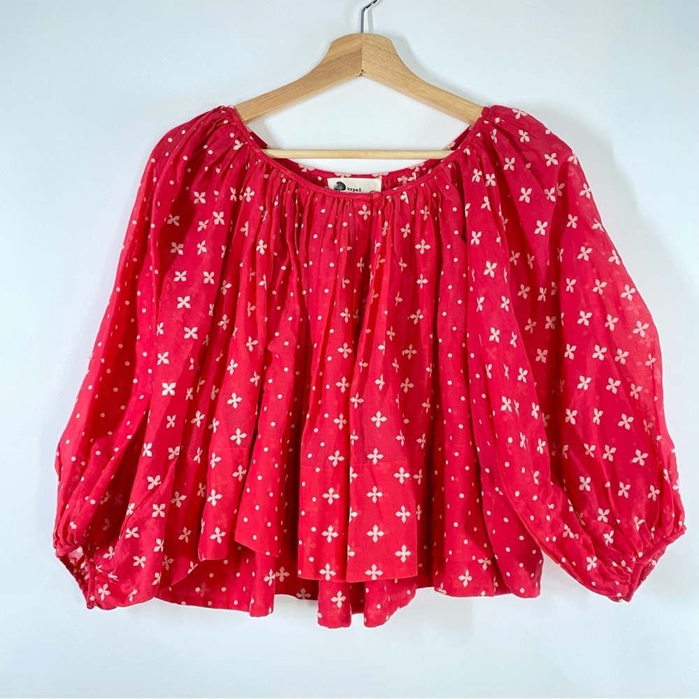 Anthropologie Kopal Peasant Top Bohemian Puff Sleeve Mixed Print Cotton XS Red